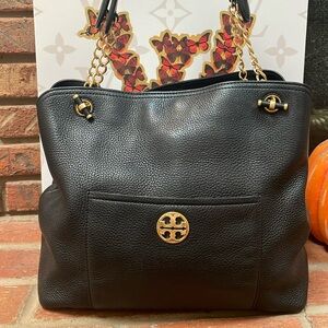 Tory Burch Black Leather Tote with Gold Accents